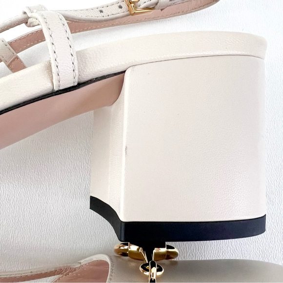 GUCCI || Lady Horsebit White Leather Slingback Closed Toe Block Heel Pumps 7.5 - Picture 12 of 14